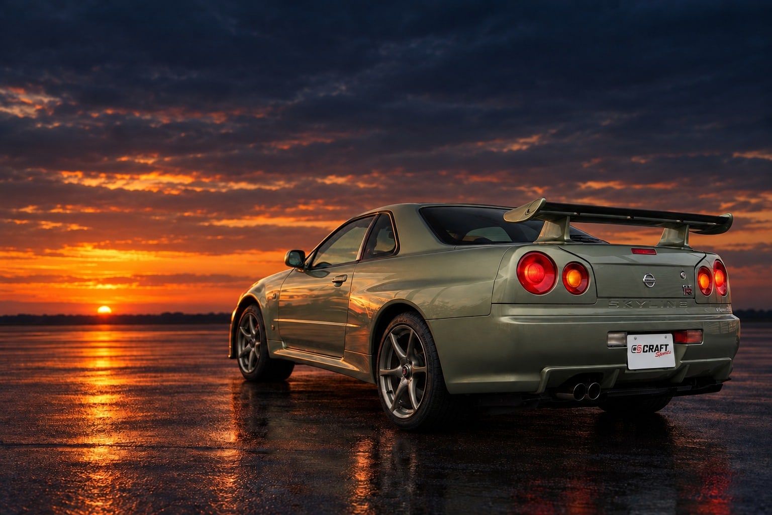 夕焼けの中に停まるスカイラインGT-R(R34)の後ろ姿