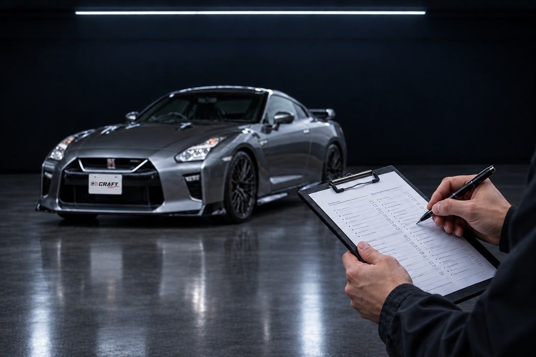 GT-Rの前でチェックシートに記入する査定の様子(イメージ)